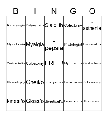 Medical Terminology Bingo Card