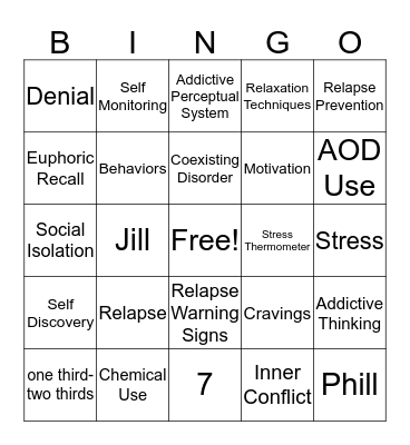 Relapse Prevention Therapy Bingo Card