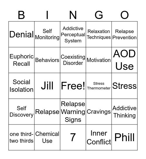 Relapse Prevention Therapy Bingo Card