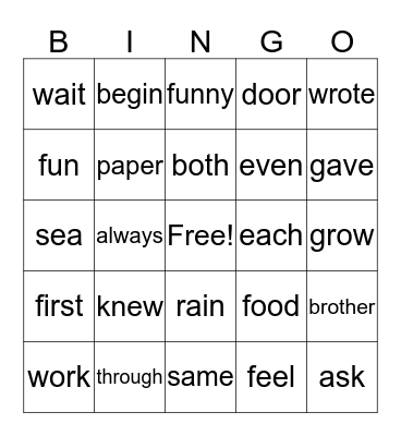 Sight Words (5) Bingo Card