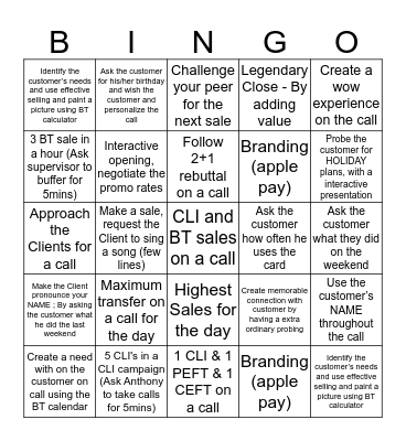 Balance Transfer Team Bingo Card