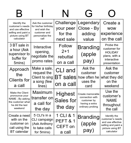 Balance Transfer Team Bingo Card