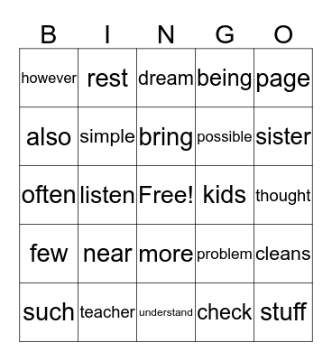 Sight Words (10) Bingo Card
