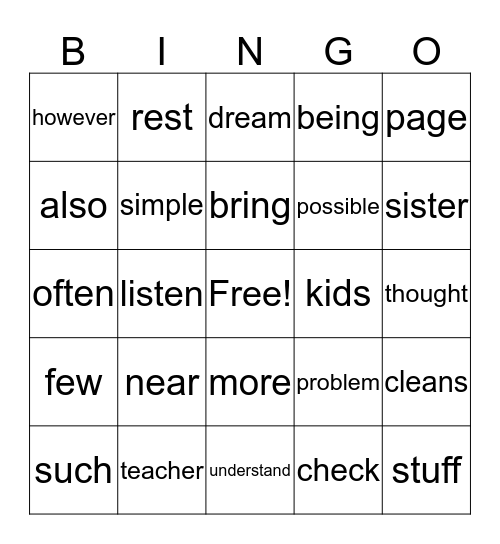 Sight Words (10) Bingo Card