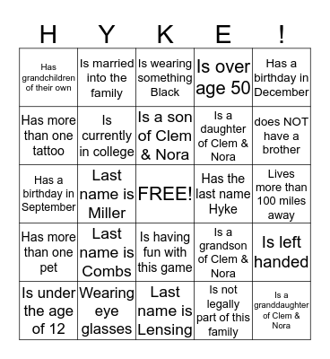 HYKE FAMILY  Bingo Card