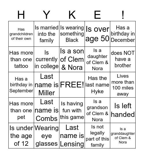 HYKE FAMILY  Bingo Card