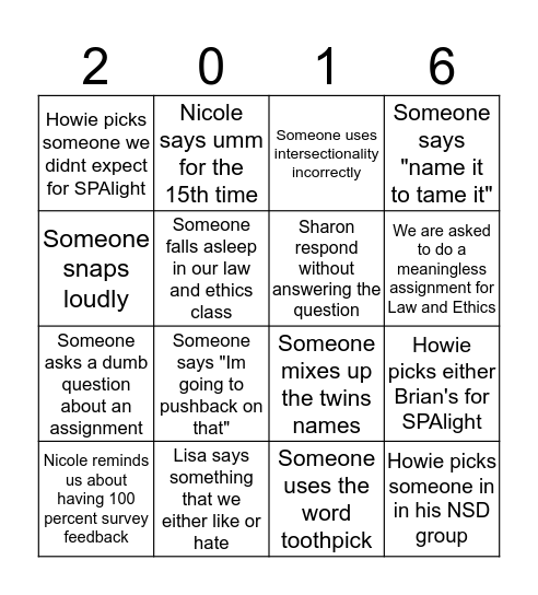 SPA 2016  Bingo Card