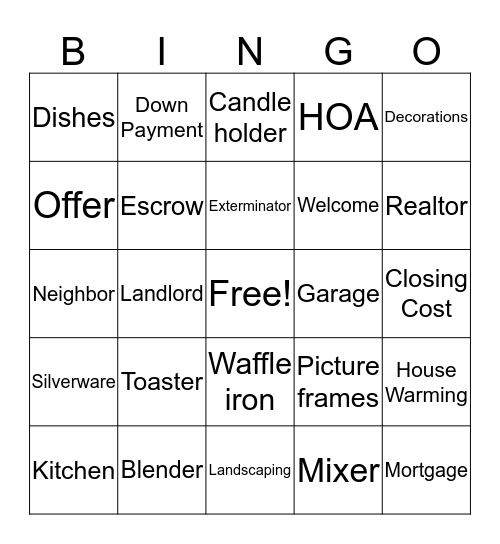 HouseWarming Bingo Card