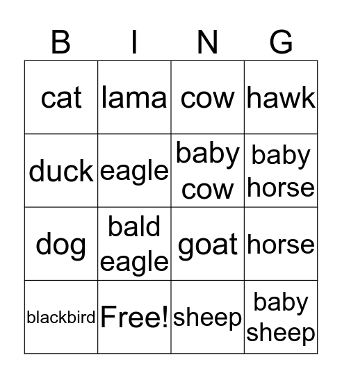 animals Bingo Card