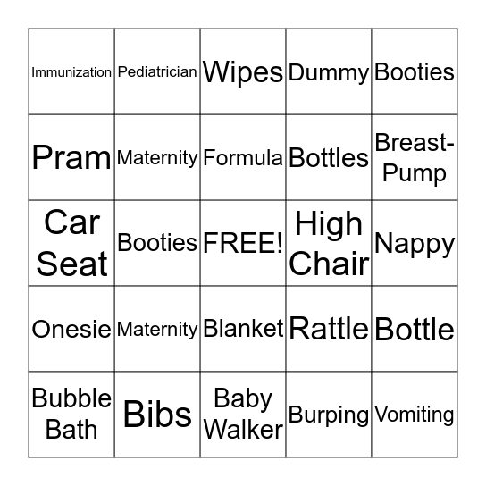 Jessica's Baby shower Bingo Card