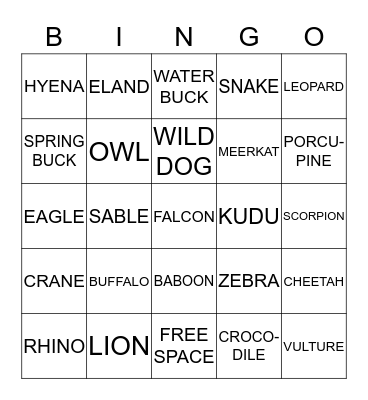 Animals of Africa Bingo Card