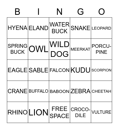 Animals of Africa Bingo Card