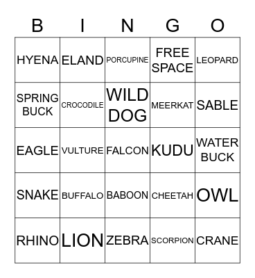 Animals of Africa Bingo Card