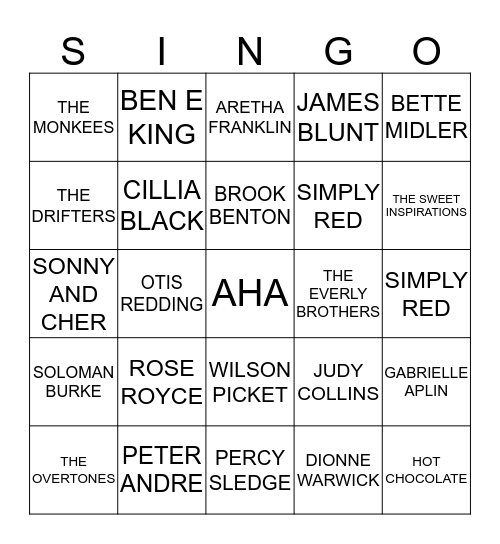 078 LOVE SONGS ARTISTS Bingo Card