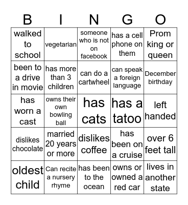 Family Reunion Scavenger Hunt Bingo Card