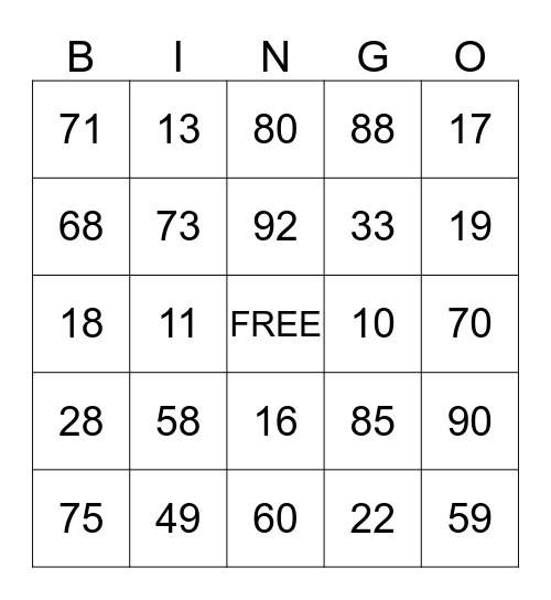 Les numéros (classe 5) Bingo Card