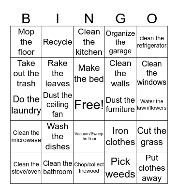 Household Chores Bingo Card