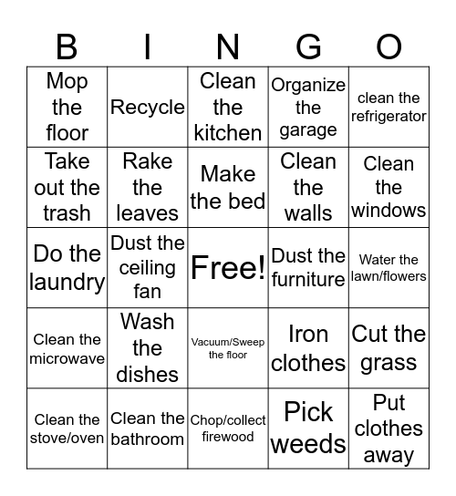 Household Chores Bingo Card