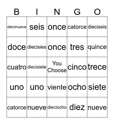 Spanish Number Bingo Card