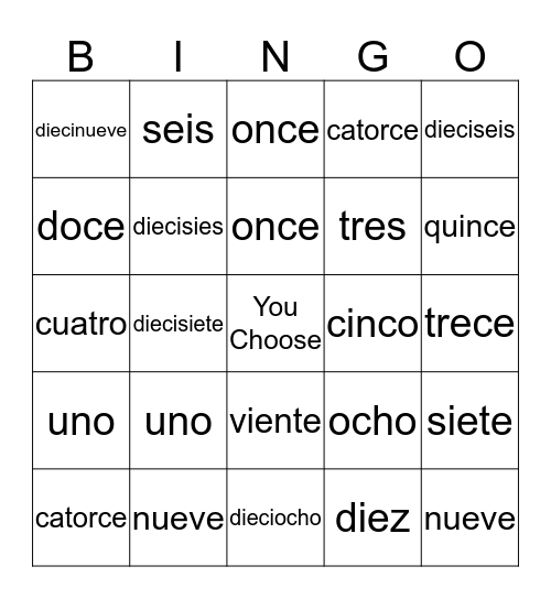 Spanish Number Bingo Card