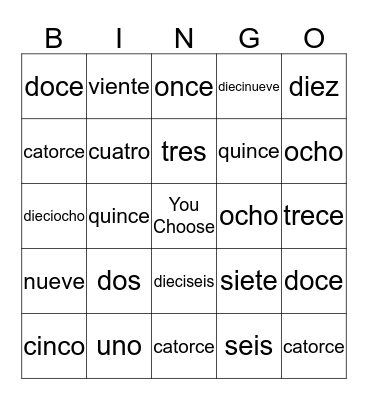 Spanish Number Bingo Card