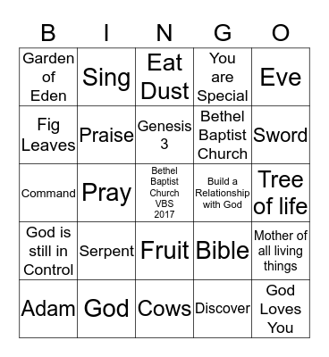 Bethel Baptist Church VBS 2017 Bingo Card