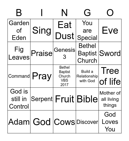 Bethel Baptist Church VBS 2017 Bingo Card