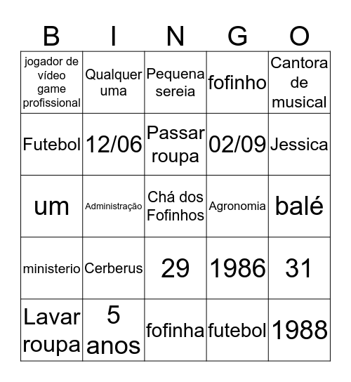 Bingo dos Fofinhos Bingo Card