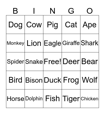 Animal Bingo Card