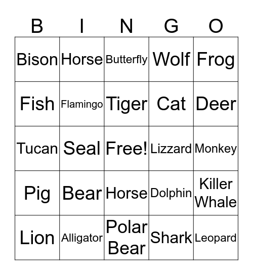 Animal Bingo Card