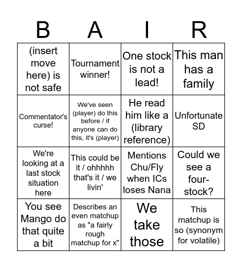 Commentator's Curse Bingo Card