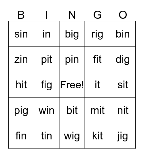 Short i word families Bingo Card