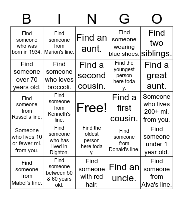 Edwards Family Reunion Scavenger Hunt Bingo Card