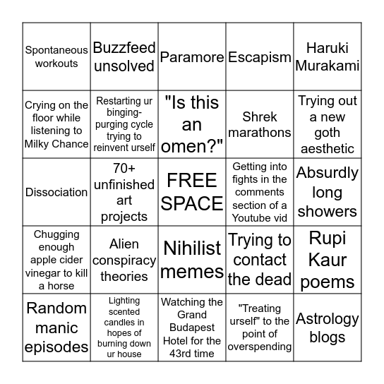 @saintstevebuscemi's existential dread bingo! Bingo Card