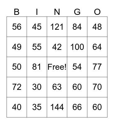 Multiplication 3 Bingo Card