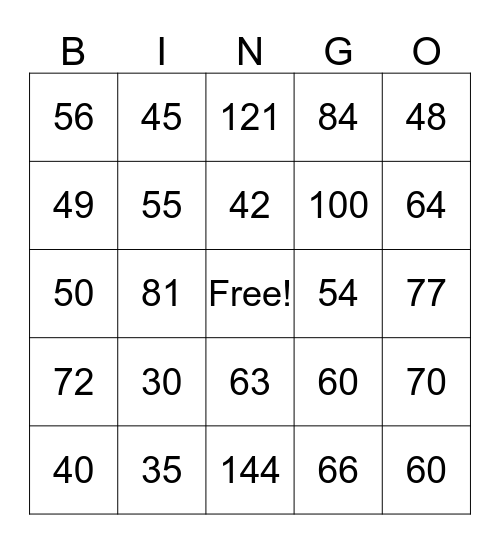 Multiplication 3 Bingo Card