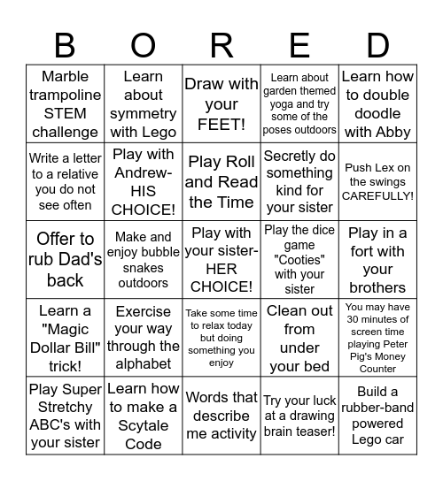 BORED Bingo Card