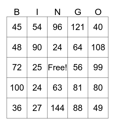 Multiplication 8,9 Bingo Card