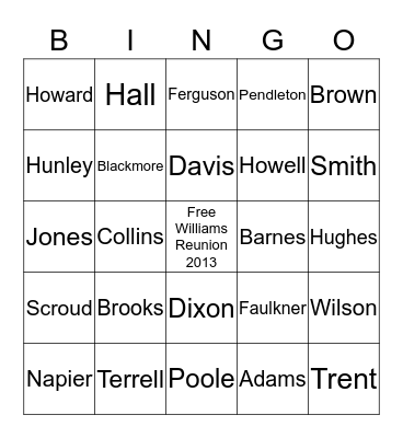 Williams Family reunion Bingo Card