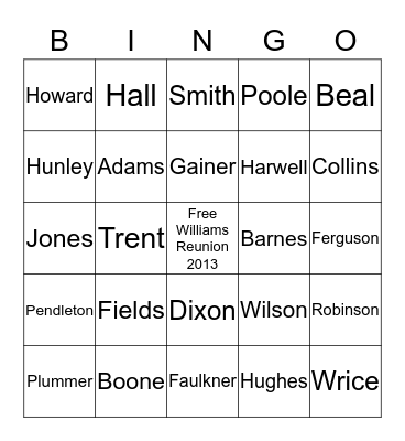 Williams Family reunion Bingo Card