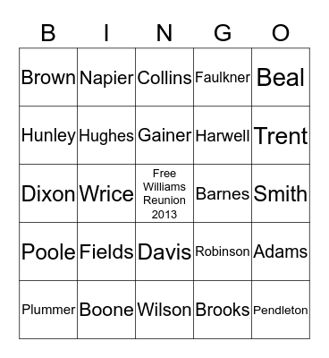 Williams Family reunion Bingo Card