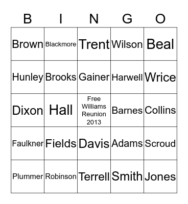 Williams Family reunion Bingo Card