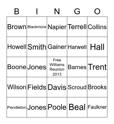 Williams Family reunion Bingo Card