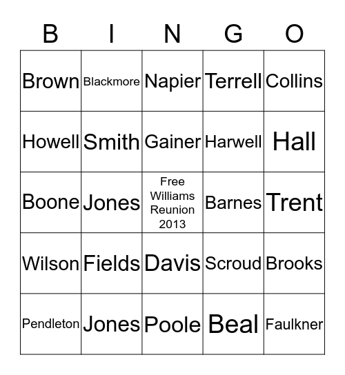 Williams Family reunion Bingo Card