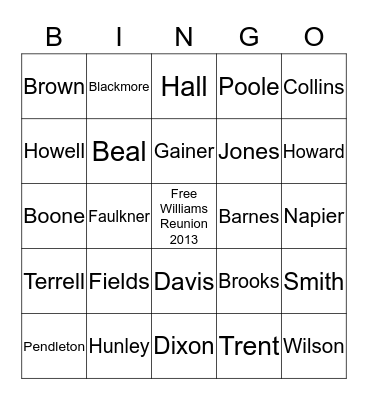 Williams Family reunion Bingo Card