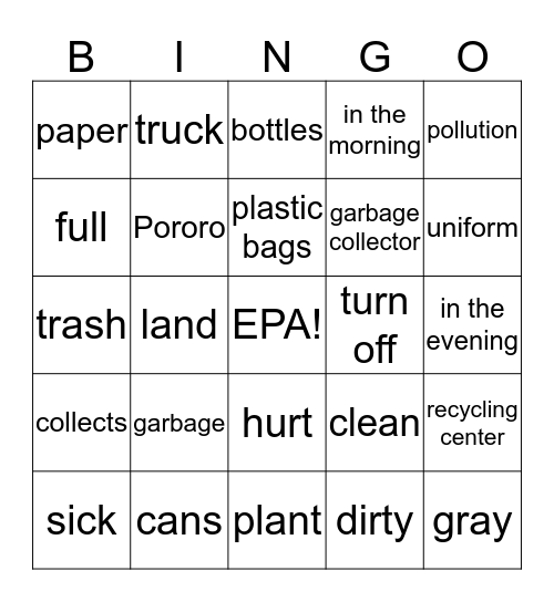 Pollution Vocabulary Bingo Card