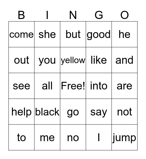 sight words  Bingo Card