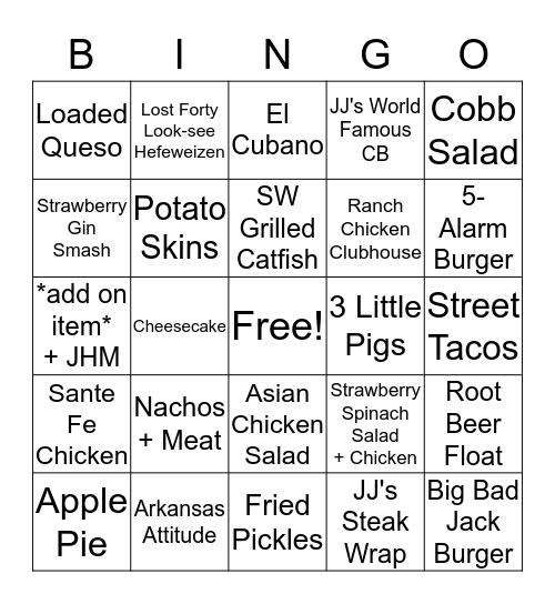 JJ's Menu Bingo Card