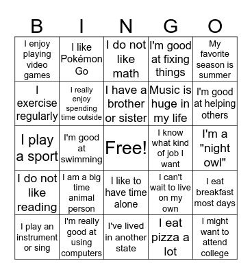 Things About Me Bingo Card