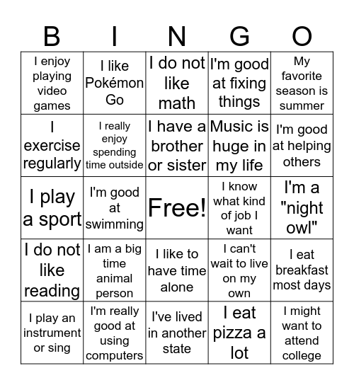 Things About Me Bingo Card